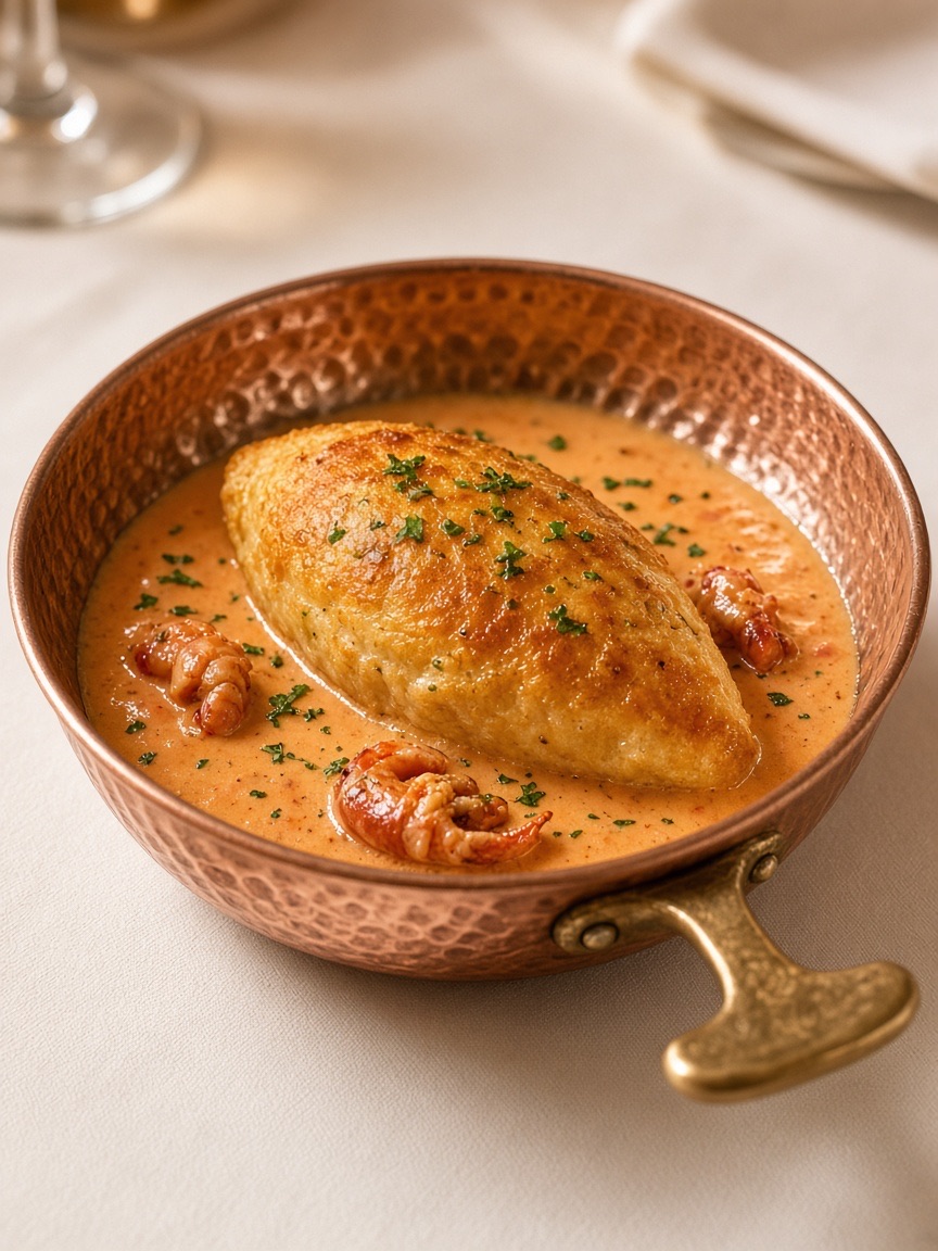 Food, quenelle, copper pan